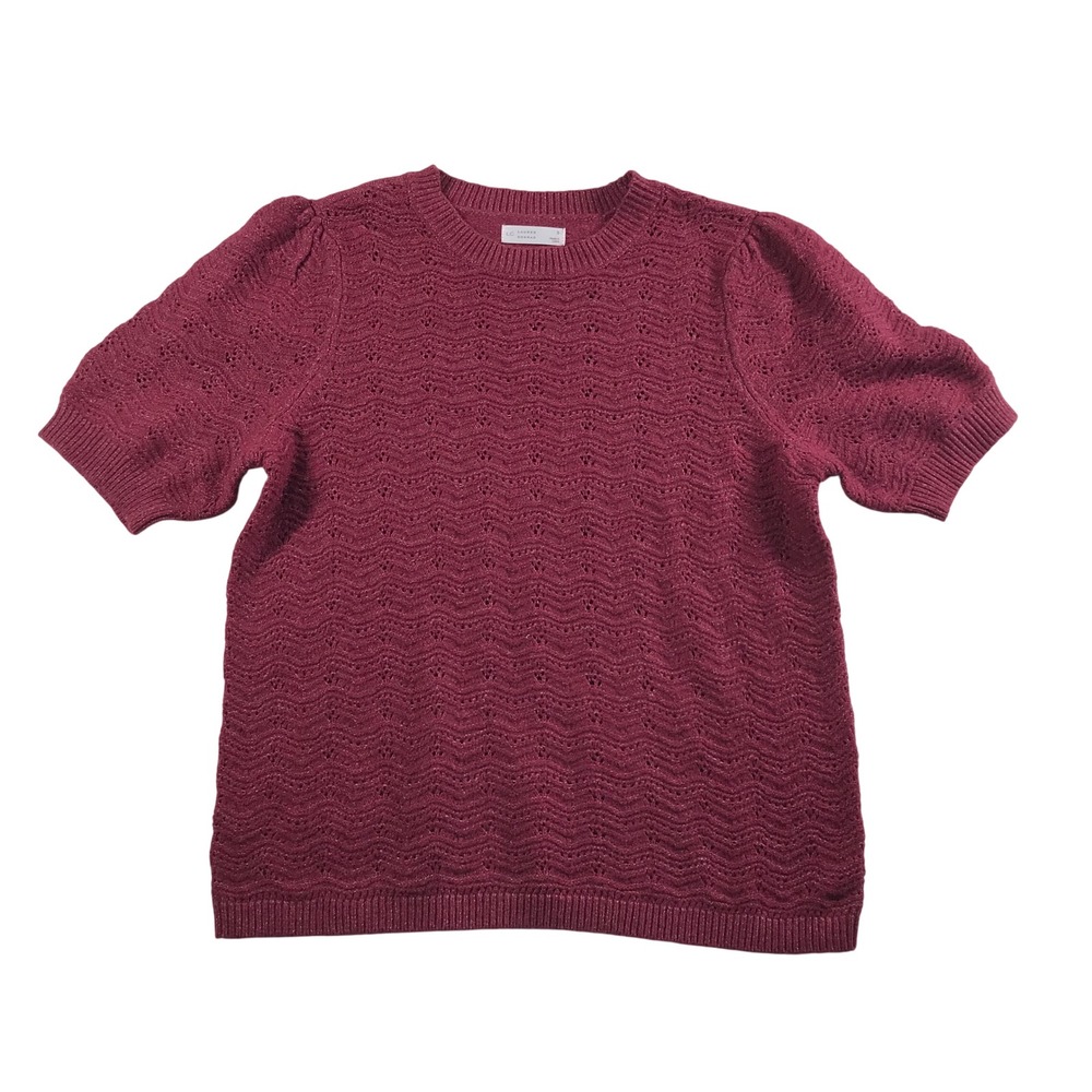 LC Lauren Conrad Womens Jewel Red Pointelle Puff Sleeve Sweater Tee Small NEW